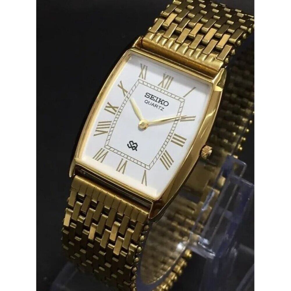Vintage Style Seiko Quartz Mens Gold Watch & White accents W/ Metal Strap